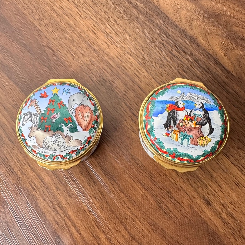 Halcyon Days Enamels Neiman Marcus Christmas Trinket Boxes 1993‎ 1996 Set of 2